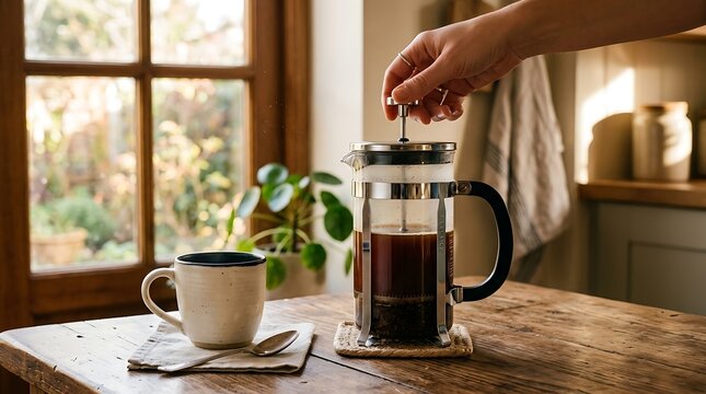 Hand pressing a French press coffee maker on a rustic wooden table in a cozy kitchen with morning sunlight