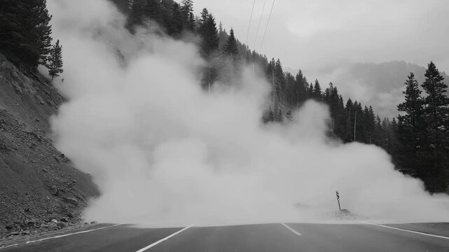 Rockslide covering mountain road with dust and debris