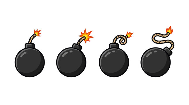 Bomb Fuse Stages: Unlit, Lit, Burning, Exploding - Vector Illustration