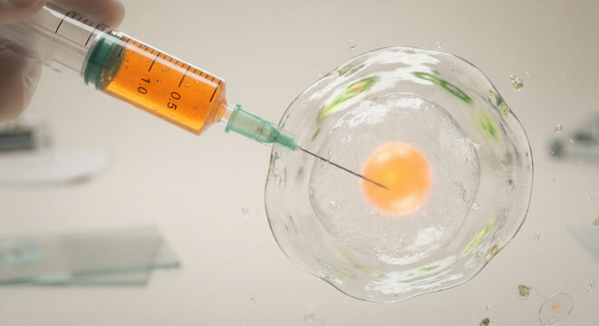 Microscopic needle injection into a biological cell, laboratory stem cell research and genetic engineering, medical biotechnology concept