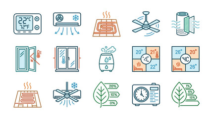 Fototapeta premium Climate Control Icons: Heating, Cooling, Ventilation, Air Quality & Energy Efficiency