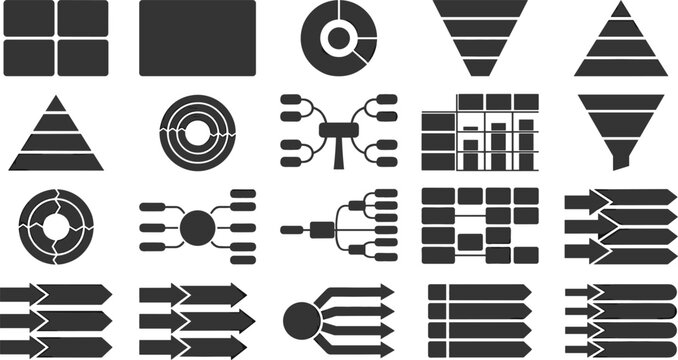 Business Infographic Template Layout Vector Set Featuring Minimalist Solid Funnel Pyramid Flowchart Arrow Banner Mind Map and Data Organization Diagram Icons