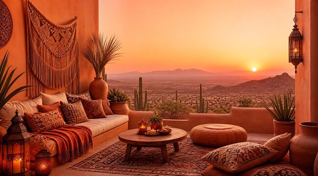 Cozy bohemian desert terrace with ethnic decor at sunset over valley view.
