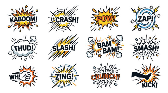 Comic Book Sound Effect Words: Kaboom, Crash, Pow, Zap, Thud, Slash, Smash