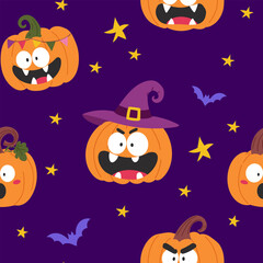 Fototapeta premium Halloween seamless pattern with pumpkins with funny faces, stars and bat silhouettes. Vector illustration for wrapping paper, textile, seasonal and party decor
