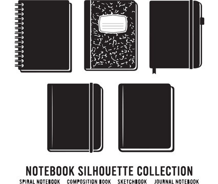 Notebooks of various styles including spiral and composition books are arranged in a clean black and white silhouette collection for stationary.