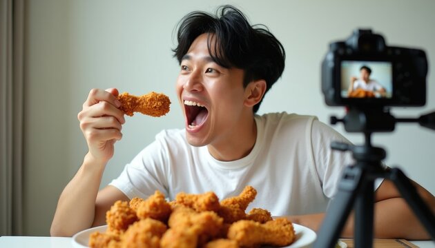 Asian man eats fried chicken drumsticks while filming mukbang video. Excited person tastes crispy food for vlog camera. Home meal content creator shares tasty snack.