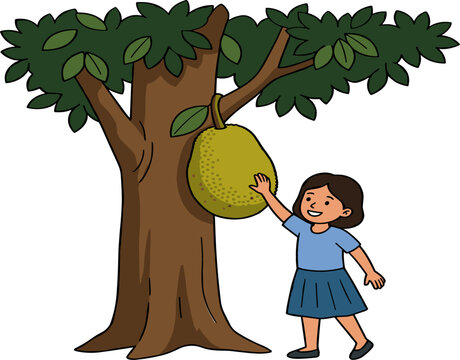 Little Girl Reaching Up To Touch Large Green Jackfruit Hanging From Tree Vector Illustration For Exotic Fruit Harvesting and Tropical Agriculture Designs