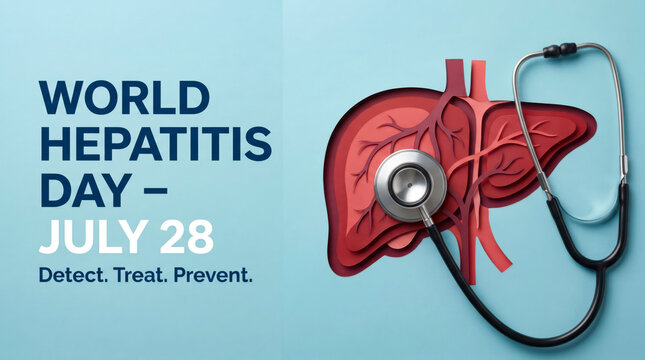 World Hepatitis Day July 28 awareness concept, paper cut human liver anatomy with stethoscope, medical healthcare banner for disease prevention