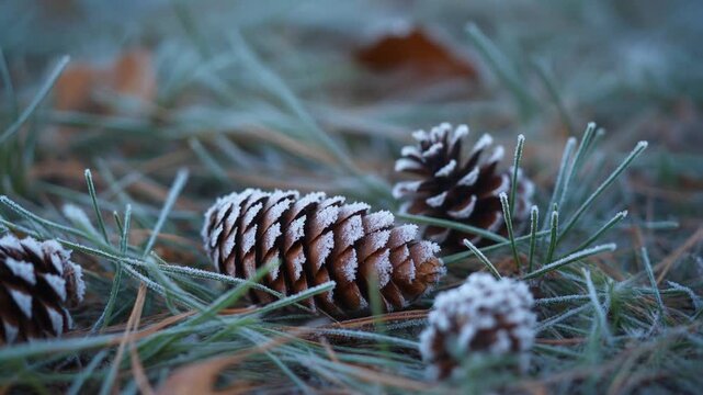 Frosted pine cones on a bed of pine needles in a static winter scene, showcasing nature's serene and untouched beauty in cold weather.