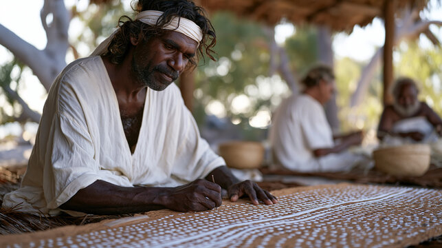 Arnhem Land artist sits on bark matting beneath an outdoor shelter, applying fine white pipeclay dots to a large ironbark panel depicting a Yolngu songline, family members seated