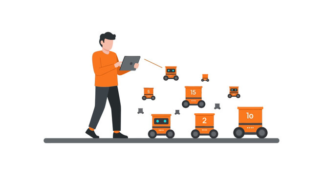 Warehouse Worker Controlling Autonomous Mobile Robots with Tablet Vector Illustration