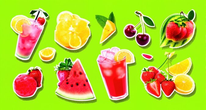 summer food collage set with watermelon ice cream lemonade cherry strawberry citrus on lime green background halftone collage cut-out elements
