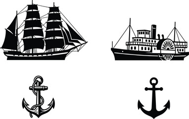 Maritime Vessel and Anchor Silhouette Collection Featuring Sailing Ship Riverboat and Nautical Symbols © Creative store 