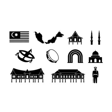 Malaysia cultural concept icons and travel landmarks pack with malaysian map flag petronas towers kuala lumpur building mosque traditional houses vector silhouette art on white background