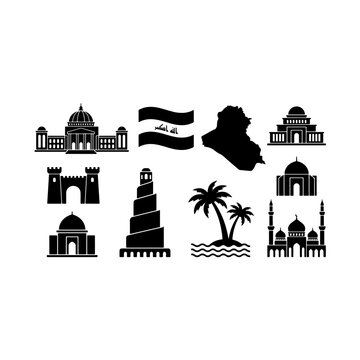 Iraqi national tourism monuments and historical heritage collection featuring map flag samarra spiral minaret babylon ruins and baghdad architectural landmarks vector silhouette on white background