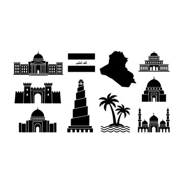 Iraq culture and historical landmarks icon set with iraqi map flag samarra malwiya minaret babylon ishtar gate baghdad monument mosque palm tree solid black silhouette vectors on white background