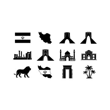 Iran travel landmarks and national symbols collection featuring iranian map flag persepolis ruins azadi tower milad tower ancient mosque lion silhouette vector icon pack on white background