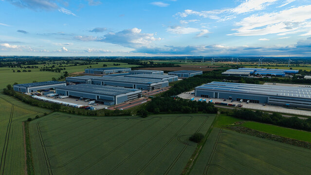 Aerial view of large modern logistics distribution centres and warehouses in Biggleswade UK