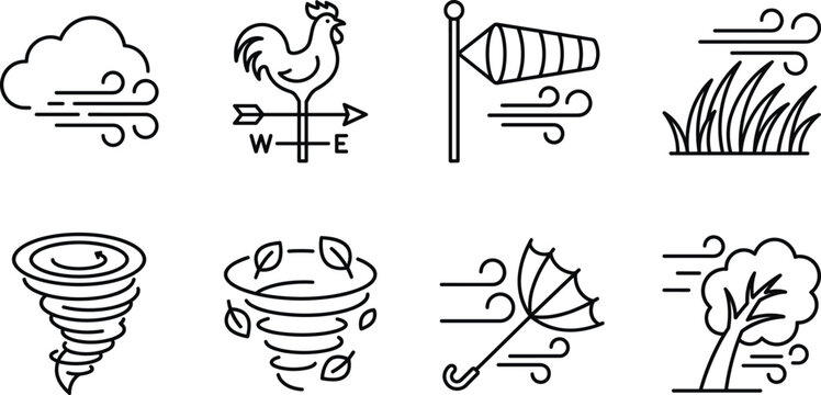 Set of weather and nature icons with wind direction symbol