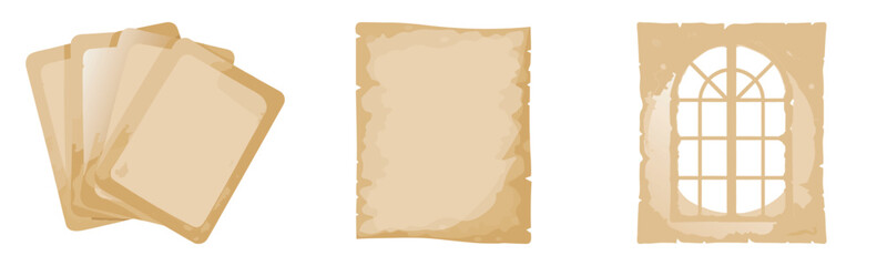 Fototapeta premium Collection of blank old paper textures rectangular sheets and window frame design elements for scrapbooking or vintage projects.