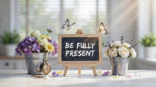 Be fully present motivational message on chalkboard with flowers and home decor