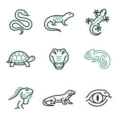 Set of reptile icons: snake, lizard, turtle, crocodile, chameleon, iguana © Darman