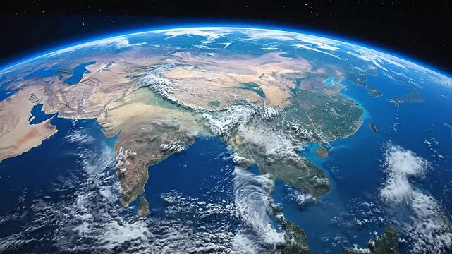 Cinematic view of planet Earth from space showing Asia and the blue horizon