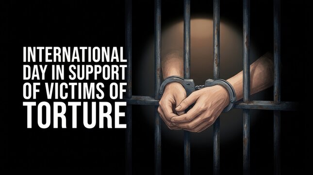 Handcuffed prisoner hands holding iron cell bars for International Day in Support of Victims of Torture poster