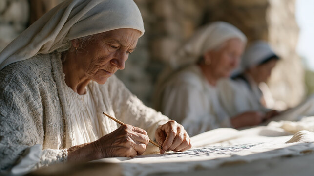 Balkan embroidery collective of older women stitching traditional bridal trousseau linens in a village community hall at golden hour, each woman's regional origin identifiable