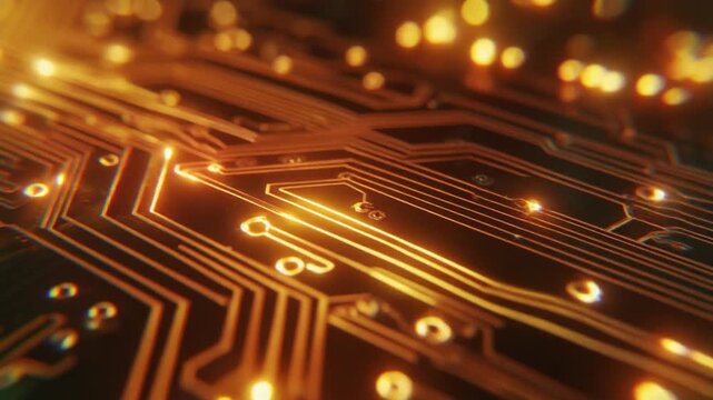 Close-up view of computer motherboard circuitry with golden copper traces and illuminated components. High-tech electronics hardware for computing and data processing systems.