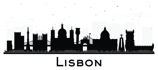 Obraz premium Lisbon Portugal City Skyline silhouette with black Buildings isolated on white. Lisbon Cityscape with Landmarks. Business Travel and Tourism Concept with Historic Architecture.