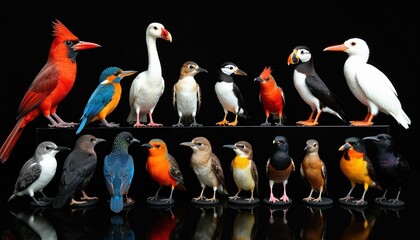 Obraz premium Scientific collection displays sixteen diverse bird species in studio portrait. Features cardinal kingfisher swan puffin macaw flamingo owl hummingbird crow robin goldfinch duck birds with vibrant