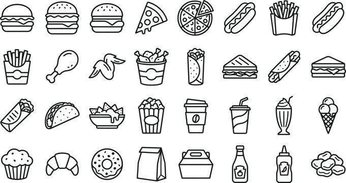 Fast food and junk food meal icon set vector illustration with fastfood