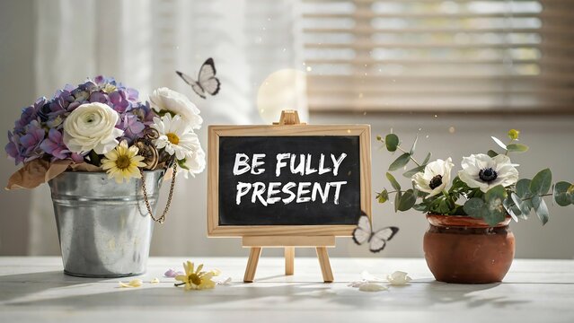 Be fully present motivational message on chalkboard with flowers and home decor