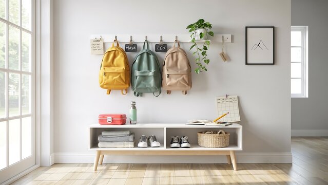 Modern home entryway with white storage bench and hanging backpacks in bright interior