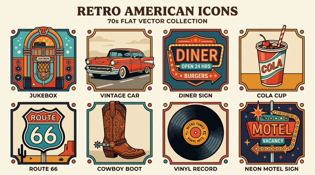 Retro American icons collection featuring vintage car and diner sign