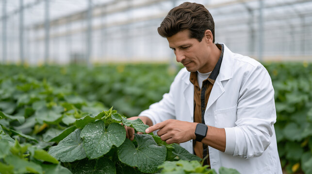 Machine vision camera mounted on a greenhouse rail scanner identifies early powdery mildew spores on cucumber leaves, flagging infected plants with a digital pin on a crop map