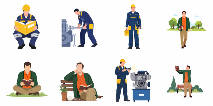 Flat Vector Illustration Set of Professional Men Working in Industry and Relaxing with Books in a Park