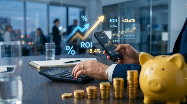 Financial planning concept showing rising interest rates with stacked coins, percentage indicators, and a piggy bank, symbolizing savings returns, investment yield, and increasing borrowing costs