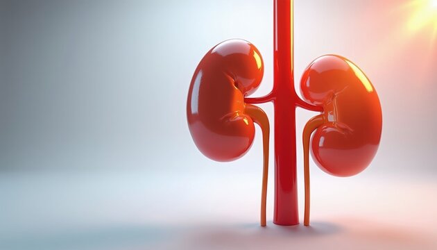 Close view of human kidney anatomy model with aorta artery and vein. Red organic organ shows internal structure filters blood, aids waste removal. Health care visual.