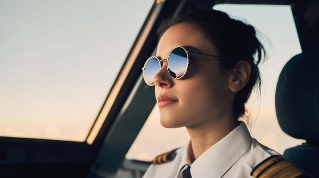 Confident woman pilot flying airplane in sunglasses with reflective view from cockpit side perspective
