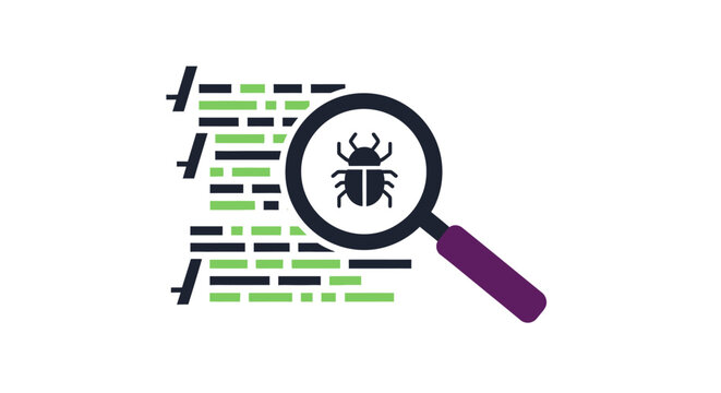 Software Development Debugging Concept Illustration with Magnifying Glass Inspecting Program Code for Bugs and Errors. Ideal for IT, Programming, and Quality Assurance.