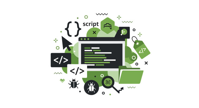 Modern Web Development and Software Coding Concept Illustration with Debugging Icons, Scripting, and Programming Elements in Green Flat Vector Style