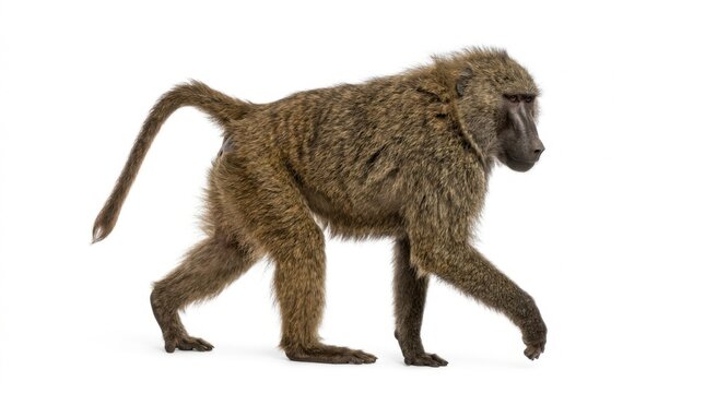 Adult baboon monkey walking side view isolated on white