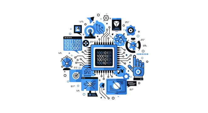 Artificial Intelligence and Data Science Technology Illustration with CPU, Binary Code, and Digital Icons. Modern Flat Vector Concept for Software Development and Cyber Security.