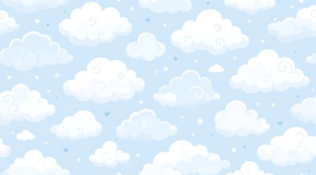 Seamless pattern with cute fluffy white clouds and tiny stars in sky