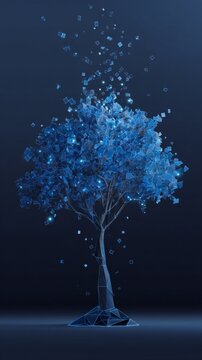 Glowing blue polygon tree with floating square particles in dark abstract scene