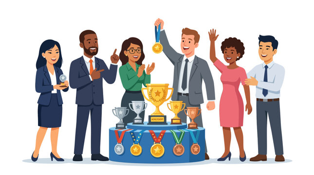 Diverse Business Team Celebrates Achievement with Trophies and Medals
