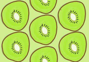 Fototapeta premium Round kiwi slices display bright green flesh. Dark seeds dot each vibrant center. Simple lines frame each fruit's circular edge. Background mirrors the fresh, fruity tone. Perfect for health, snack